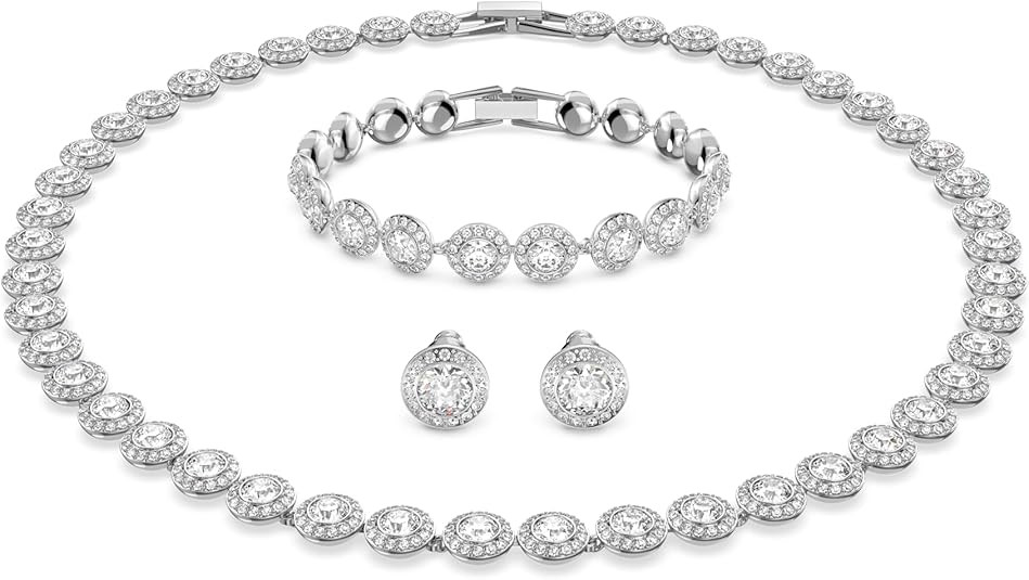 Swarovski 施华洛世奇水晶 Authentic Angelic All Around 项链、手链和耳环套装,白色,铑饰面 - 女士低过敏性闪亮珠宝 - 无镍水晶首饰系列, 單一尺寸, 晶体, 水晶